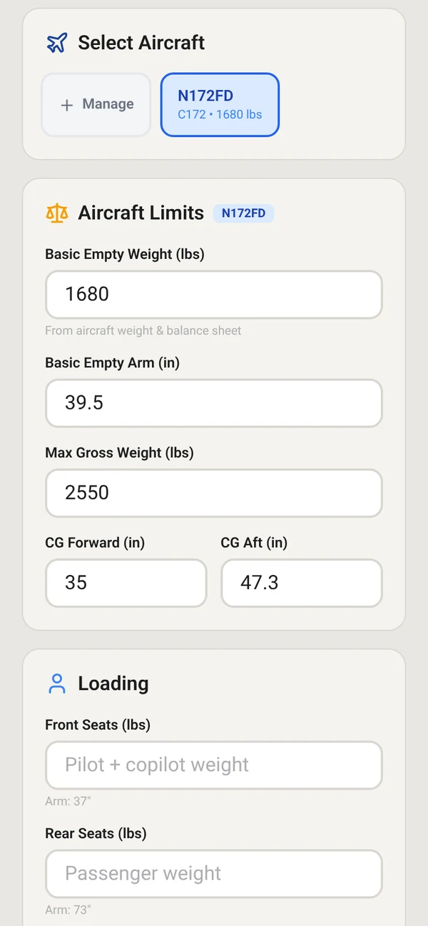 Weight and balance screen with N172FD selected under Select Aircraft, C172, 1680 pounds, and its Aircraft Limits filled in: basic empty weight 1680 pounds, basic empty arm 39.5 inches, max gross weight 2550 pounds, CG forward 35 and aft 47.3 inches.