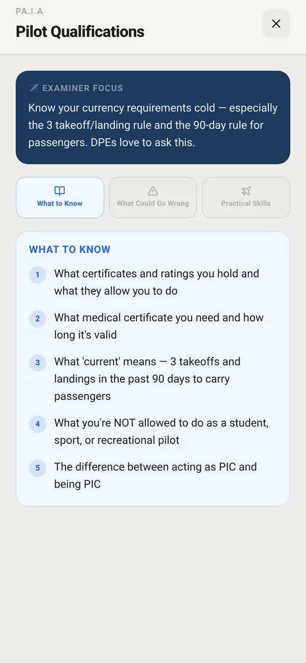 FlightDeck Checkride Prep task PA.I.A Pilot Qualifications with tabs What to Know, What Could Go Wrong and Practical Skills, and the examiner focus note.