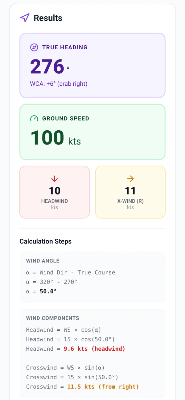 E6B wind calculator results: true heading 276 degrees, ground speed 100 knots, 10 knot headwind and 11 knot crosswind, with calculation steps.
