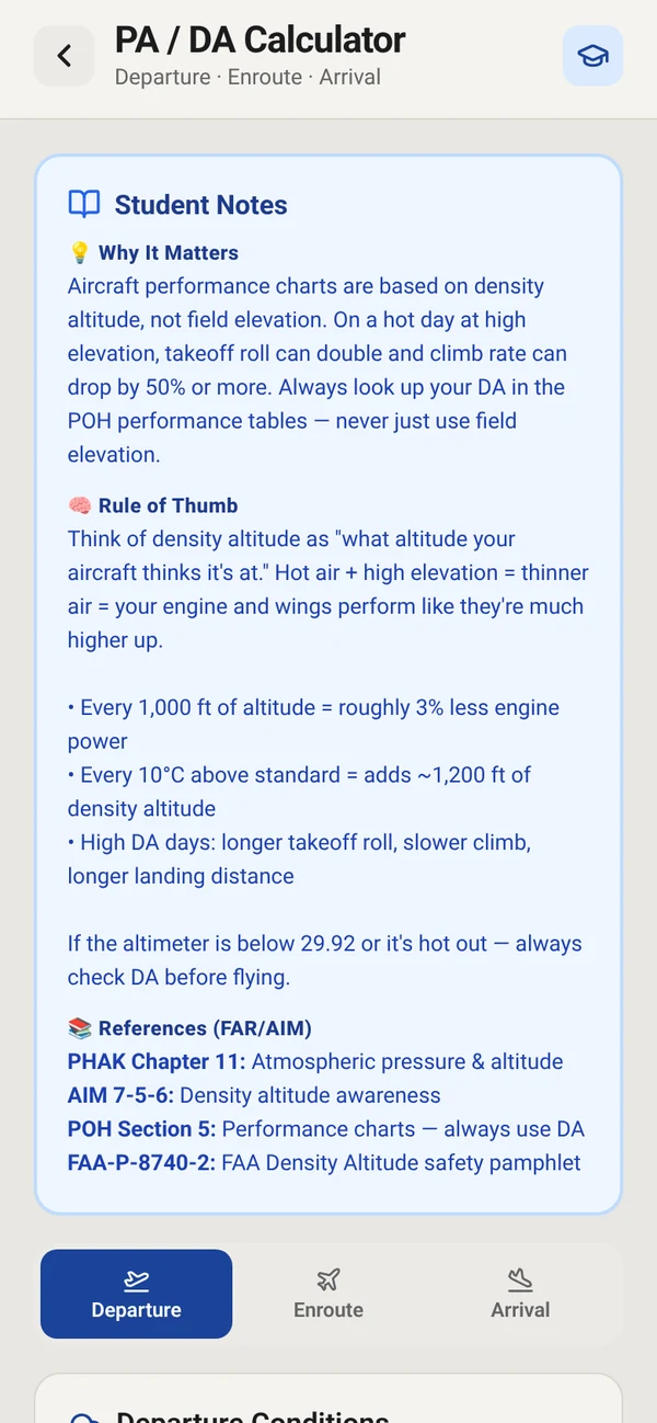 PA/DA calculator Student Notes: Why It Matters, a Rule of Thumb for density altitude, and References (FAR/AIM) including PHAK Chapter 11, AIM 7-5-6, POH Section 5 and the FAA Density Altitude safety pamphlet, FAA-P-8740-2.